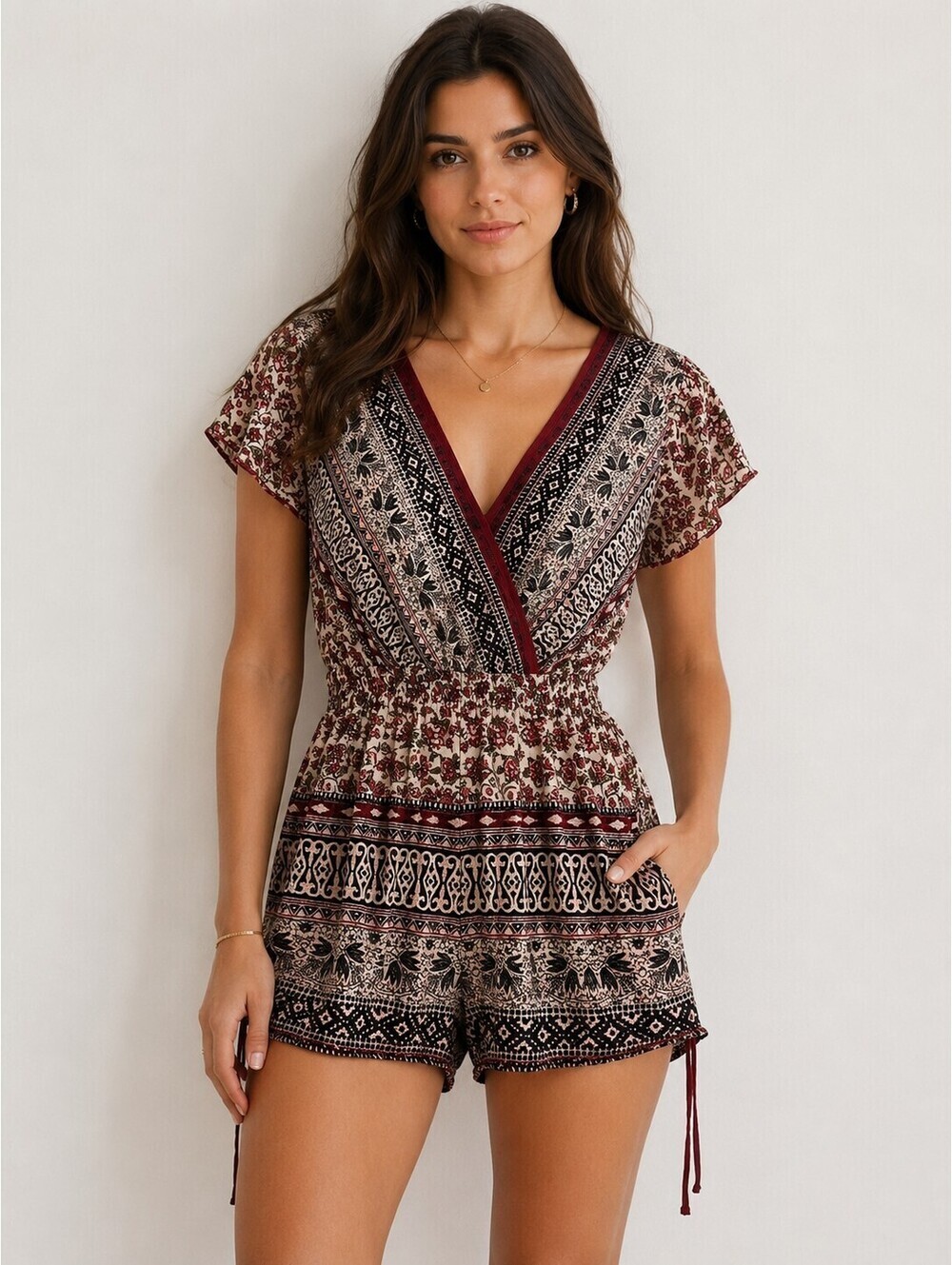 American Rag Rayon Boho Floral Print Faux Wrap Romper Women's S Festival